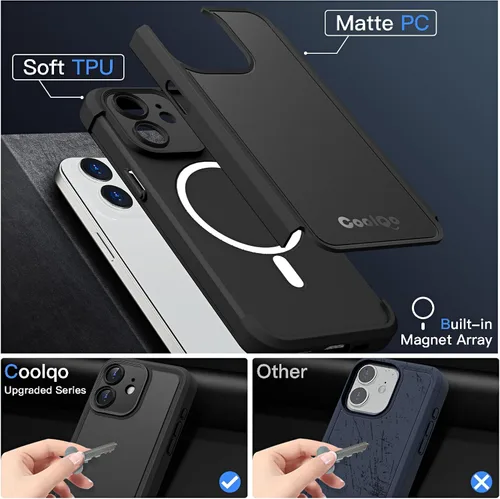 Vista 2 de COOLQO Funda magnética para iPhone 12, doble capa mate resistente a los arañazos, color negro