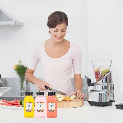 Vista 5 de 48 botellas de plástico vacías de 8 onzas, recipientes transparentes para bebidas caseras con tapas negras a prueba de manipulaciones para jugos