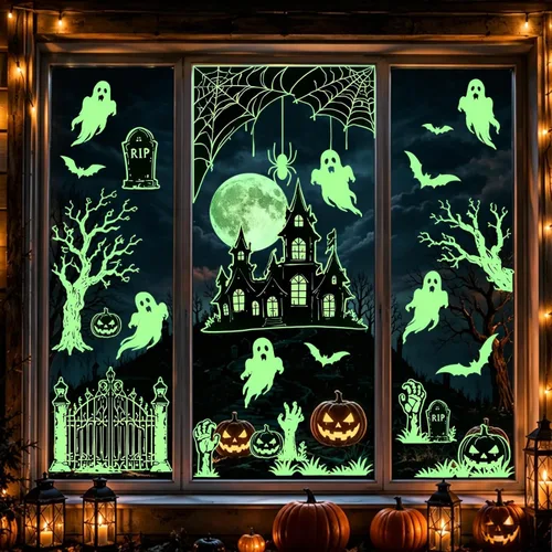 Vista 18 de 3 hojas de calcomanías luminosas de murciélago de Halloween que brillan en la oscuridad, calcomanías luminosas de murciélagos de Halloween