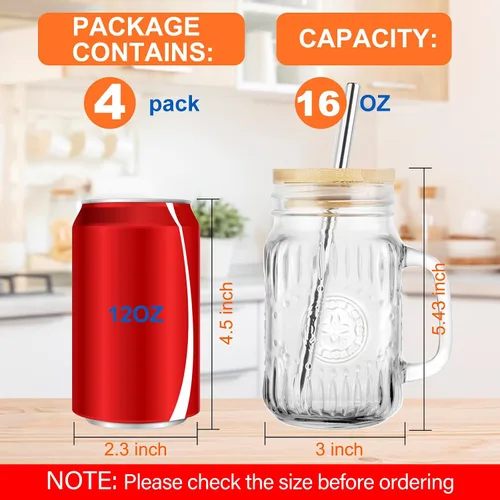 Vista 7 de Magicsky Glass Mason Jar Drinking Cups with Handles Iced Coffee Mugs 16 oz