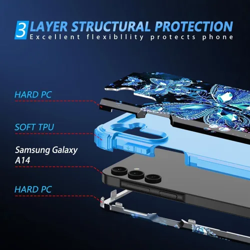 Vista 4 de Miqala Funda para Galaxy A14 5G, que brilla en la oscuridad, tres capas, resistente, a prueba de golpes, protección completa, parachoques