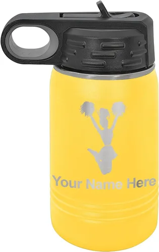 Vista 29 de LaserGram Botella de agua con tapa abatible de doble pared de 12 onzas con pajita, animadora, grabado personalizado incluido (negro)