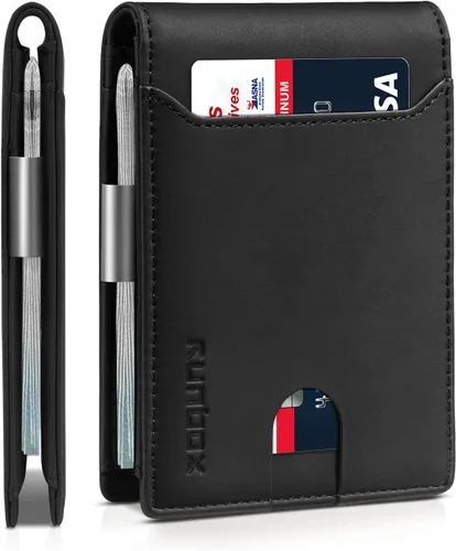 Vista 101 de RUNBOX - Carteras delgadas para hombre, cartera de piel con pinza para el dinero, cartera de bolsillo frontal con bloqueo RFID, tarjetero