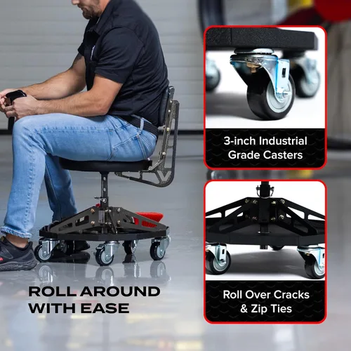 Vista 5 de Vyper - Silla de Taller de Acero Resistente para Mecánicos, Automotriz, Bricolaje - Taburete de Garaje con Capacidad de 300 lb, Respaldo y Ruedas
