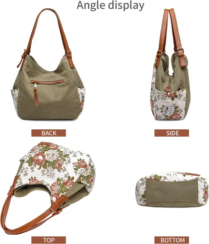 Vista 6 de Worldlyda Women Canvas Hobo Purse Multi Pocket Tote Shopper Shoulder Bag Casual Top Handle handbag with Embroidery Ethnic