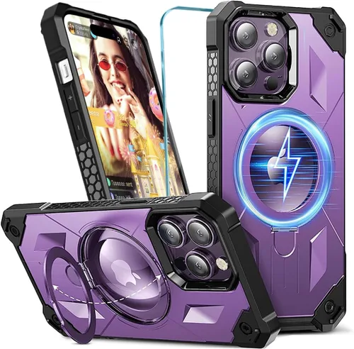 Vista 10 de Funda MagSafe compatible con iPhone 14 Pro, soporte magnético plegable invisible, soporte de anillo magnético, brillante de doble capa protectora