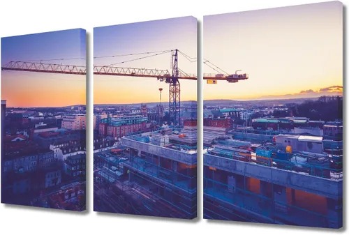 Vista 33 de TUMOVO Arte de pared con diseño de grúa para dormitorio, 3 piezas de grúa pesada al anochecer en un sitio de construcción, póster, pintura, arte