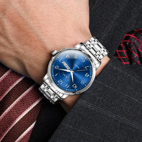 Vista 2 de Relojes de vestir para hombre, reloj analógico impermeable con fecha de día, reloj de pulsera de acero inoxidable de lujo con números arábigos
