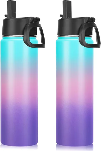 Vista 39 de Neihepal Botellas de agua aisladas de 22 onzas con tapa con popote a prueba de fugas, botella de agua de acero inoxidable de doble pared de boca