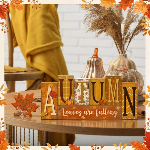 Vista 2 de Threehoney 8 piezas de decoración de mesa de otoño, hojas rústicas de otoño, letrero de madera, hojas de arce, bloque de madera, centro de mesa