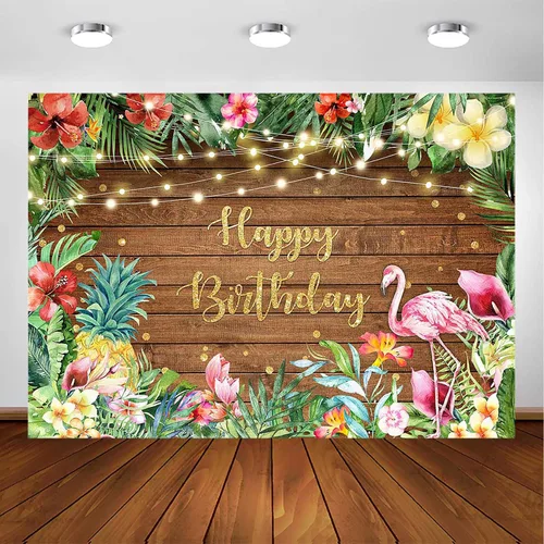 Vista 7 de Avezano Fondo de cumpleaños de flamenco tropical para niñas, decoración de fiesta hawaiana, verano, madera, hojas florales, luces, luau, fiesta