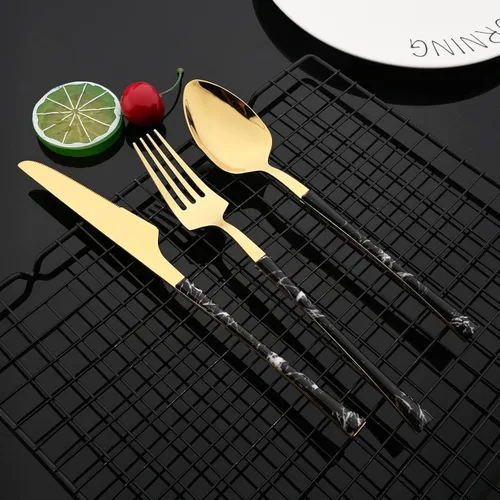 Vista 5 de JASHII Juego de cubiertos de acero inoxidable con textura de mármol, 24 piezas, tenedor de cuchillo, cuchara de té, cubiertos plateados para 6