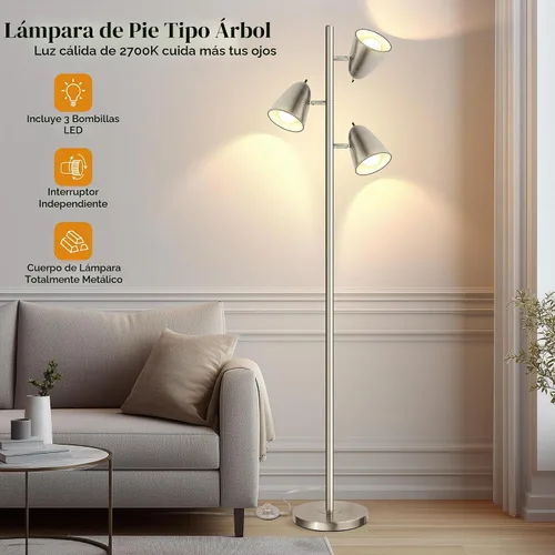 Vista 2 de QiMH Tree Floor Lamp with 3 Light Bulbs, Standing Tall Pole Lamps for Living Room Bedroom Office, Reading Stand up Lamps with 3 Adjustable Brushed