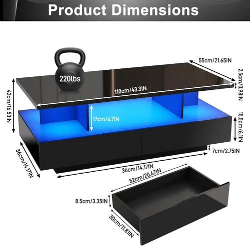 Vista 2 de Mesa de centro LED grande de 43 pulgadas con 2 cajones de almacenamiento grandes, luces de 60.000 colores, control de aplicación, mesa auxiliar