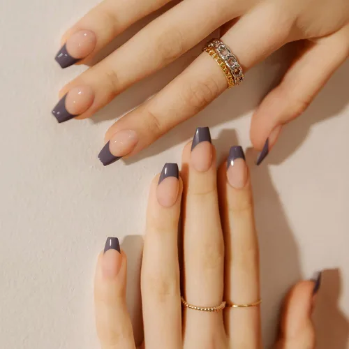 Vista 7 de MUZMAK Uñas postizas reutilizables a presión, color gris morado, uñas largas cuadradas a presión, uñas postizas de punta francesa morada