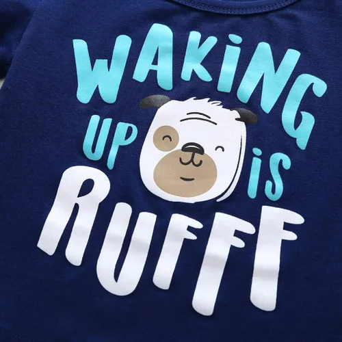 Vista 4 de Conjunto de ropa de bebé para niños, 2 piezas, para niños recién nacidos, dibujos animados, perro de manga corta, camiseta Tops+pantalones a rayas