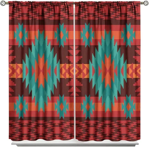 Vista 407 de Cortinas con patrón geométrico tribal, estilo suroeste, azteca, rústico, occidental, nativo americano, opacas, con bolsillo para barra, decoración