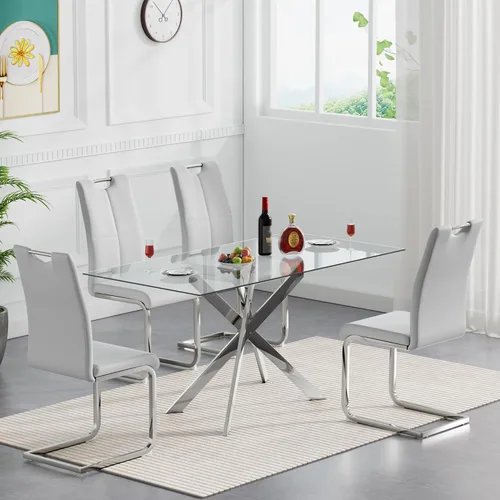 Vista 14 de SSLine Mesa de comedor moderna de cristal, rectangular de 51 pulgadas, color negro con patas de metal diseñadas en X para cocina y comedor