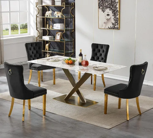 Vista 56 de Juego de 5 mesas de comedor, juego de mesa de cocina y comedor para 4, mesa de cocina rectangular de mármol sintético blanco de 47 pulgadas con base