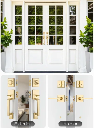 Vista 4 de EHOMEWARE Juego de manijas dobles para puerta delantera, paquete de 1 manija de puerta cuadrada de latón satinado, combinación de perilla de puerta