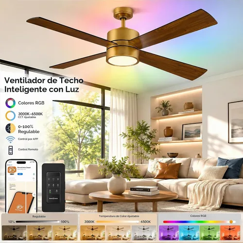 Vista 3 de Ventiladores de techo dorados de 52 pulgadas con luces y control remoto Latón - 52 pulgadas