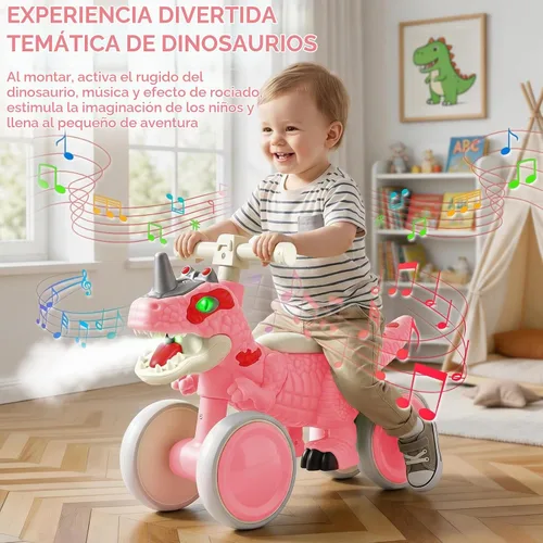 Vista 2 de Bicicleta de equilibrio para bebés de 1 año de edad, bicicletas de equilibrio de dinosaurio con sonidos, música y efectos de pulverización Rosa