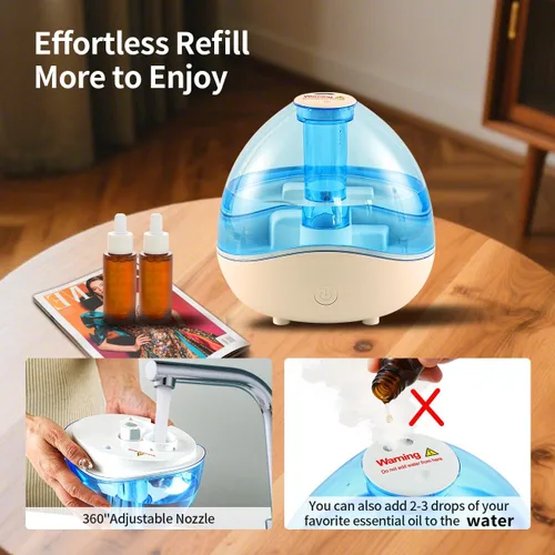Vista 3 de Humidificador de niebla fría de 1.5L para dormitorio con boquilla ajustable de 360°, humidificador de aire ultrasónico silencioso para bebés