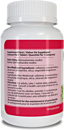 Vista 2 de Rutin 50mg 90 comprimidos [1 botella], ayuda a absorber y utilizar la vitamina C, mejora la salud vascular, cuidado de la vista