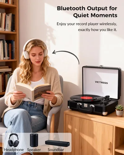Vista 3 de Tocadiscos de vinilo con entrada y salida Bluetooth, tocadiscos portátil vintage de maleta, tocadiscos LP de 3 velocidades con conversión de vinilo