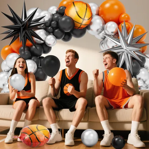 Vista 4 de Kit de guirnalda de arco de globos de baloncesto, 97 piezas de 18, 10, 5 pulgadas, globos de baloncesto negros y naranjas con globos de aluminio