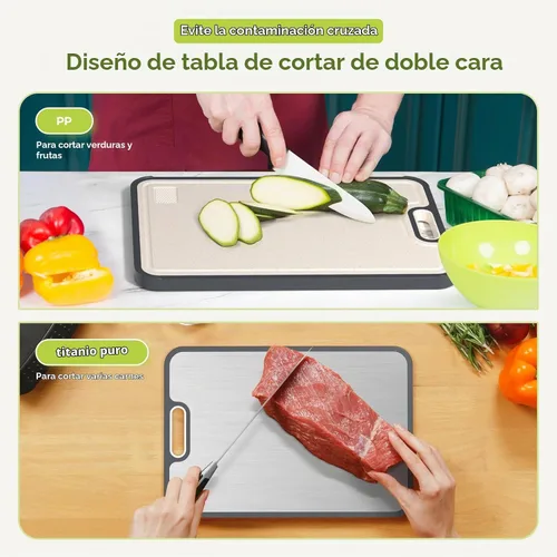 Vista 4 de Tabla de cortar de titanio para cocina, tabla de cortar de doble cara de grado alimenticio, titanio puro y paja de trigo PP, apta para lavavajillas