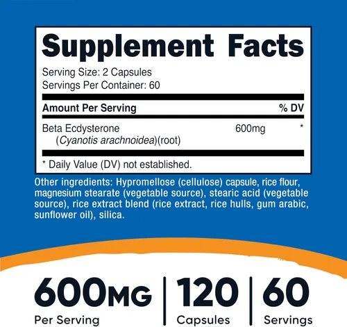 Vista 2 de Nutricost Beta Ecdysterone 600 mg por porción, 120 cápsulas, vegano, sin OMG, sin gluten, 60 porciones