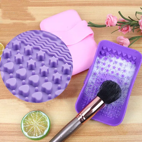Vista 3 de Paquete de 2 alfombrillas de limpieza de brochas de maquillaje de silicona, limpiador de brochas de maquillaje portátil, herramienta de lavado