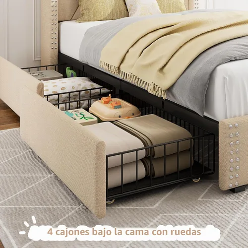 Vista 3 de iPormis Base de cama individual con 4 cajones de almacenamiento, cabecera tapizada con estación de carga, soporte de listones de madera maciza