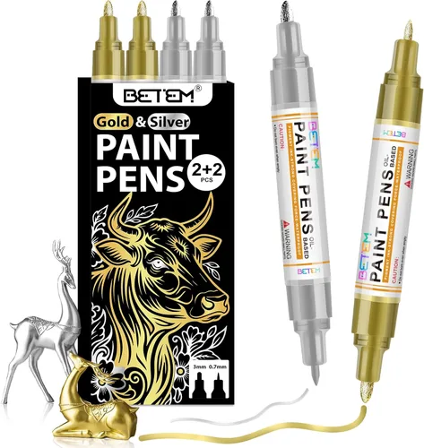Vista 8 de Betem 4 rotuladores de pintura a base de aceite de doble punta (0.028 in y 0.118 in), marcador permanente blanco negro, impermeable, secado rápido