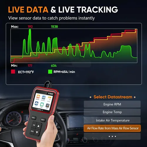 Vista 5 de Escáner OBD2 con probador de batería, lector de código de vehículo para comprobar la luz del motor, Plug and Play, herramienta de diagnóstico