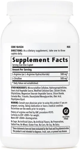 Vista 2 de GNC L arginina + L citrulina 500 mg cada suplemento, apoya la producción de óxido nítrico y un tono saludable de los vasos sanguíneos, 120 porciones