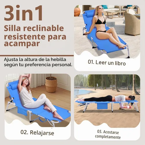 Vista 4 de Silla de bronceado resistente 3 en 1 con orificio para la cara, ajustable de 5 posiciones, sillas tumbonas plegables portátiles que se reclinan Azul