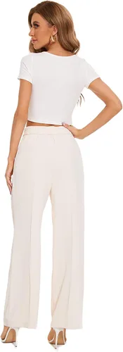 Vista 6 de FUNYYZO Pantalones de pierna ancha para mujer, cintura alta elástica en la espalda, pantalones de trabajo de negocios, pantalones largos y rectos