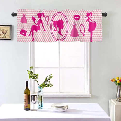 Vista 4 de Cenefa de ventana rosa para mujer, para sala de estar, cortina para dormitorio, baño, tratamiento de ventana con bolsillo para barra, decoración