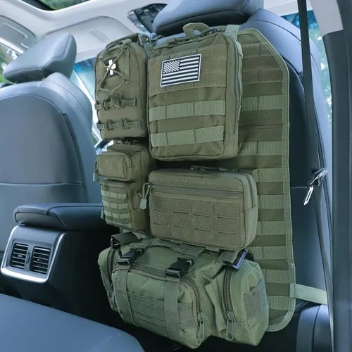 Vista 11 de Organizador táctico universal para respaldo de asiento, panel Molle para vehículo, bolsa de almacenamiento con 5 bolsas Molle desmontables