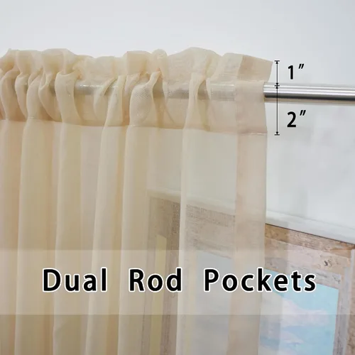 Vista 2 de Cenefas traslúcidas beige de 18 pulgadas, cortinas para ventana de sala de estar, dormitorio, cocina, mini paneles de cortina cortos pequeños
