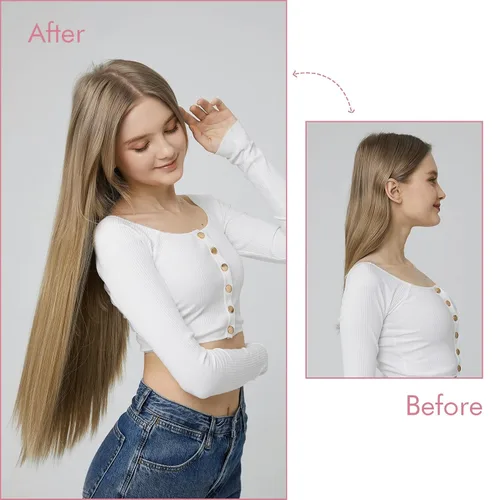 Vista 6 de REECHO - Extensiones de cabello con alambre invisible y con cintillo transparente, tamaño ajustable, clips seguros extraíbles, cabello lacio, diseño