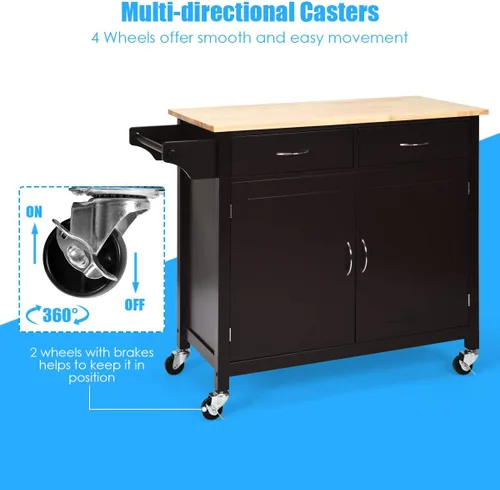 Vista 4 de Giantex Isla de cocina, carrito de cocina rodante, encimera de madera, carrito de servicio utilitario con armario de almacenamiento y 2 toalleros