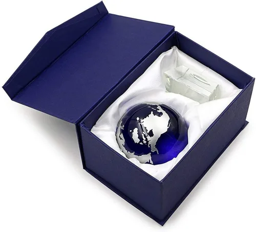 Vista 2 de Amlong Crystal Globo azul de 3 pulgadas con soporte en ángulo de cristal de 2 pulgadas y caja de regalo
