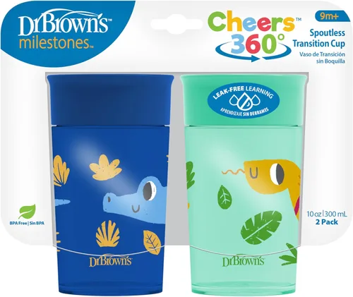 Vista 2 de Dr. Brown's Milestones Cheers 360 - Vaso de transición sin boquilla, apto para viajes y sin fugas, para bebés y niños pequeños, animales azul/verde