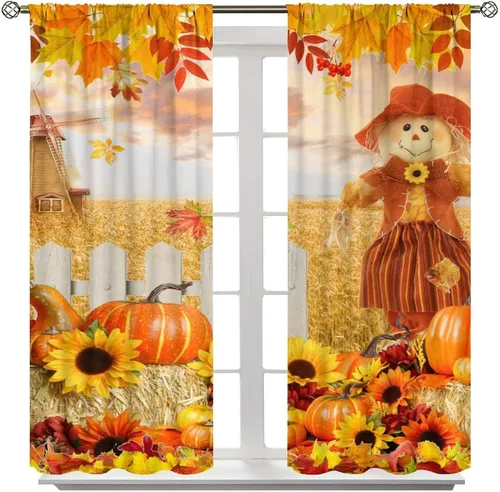 Vista 8 de Divertidas cortinas opacas de calabaza y espantapájaros para sala de estar, rústicas de otoño, hojas de arce, girasol, cosecha de otoño, puesta