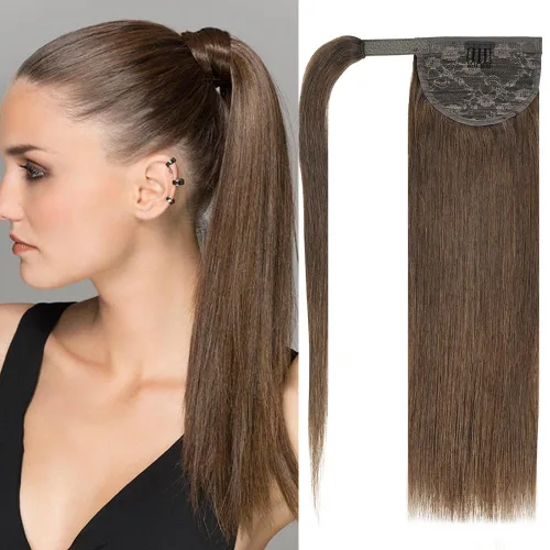Vista 11 de Extensión de cola de caballo de cabello humano #4 marrón chocolate 100% Remy, extensión de cola de caballo recta envolvente alrededor de colas