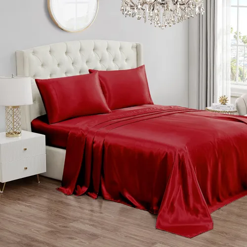 Vista 20 de Juicy Couture Juego de sábanas de satén de tamaño individual, juego de sábanas sedosas de bolsillo profundo con 1 sábana bajera, 1 sábana encimera