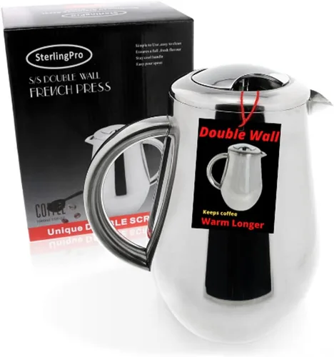 Vista 14 de SterlingPro Cafetera de prensa francesa de acero inoxidable, grande, 1 L (34 onzas), color negro, prensa de café duradera con aislamiento de doble
